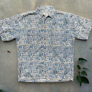 Trading Sunset Co. Vintage AOP Tribal Button Down Shirt Tan Blue Men's Size XL